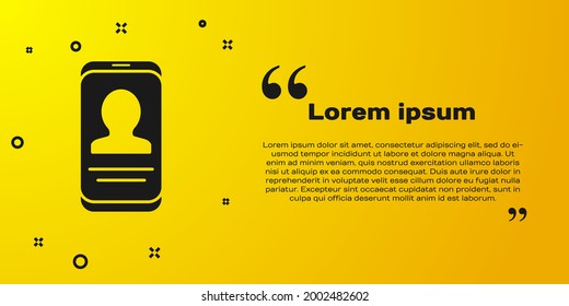 Black Mobile with resume icon isolated on yellow background. CV application. Searching professional staff. Analyzing personnel resume.  Vector