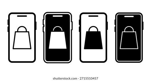 Paquete de ícono de compras móvil negro que representa el comercio de teléfonos inteligentes y las compras portátiles.