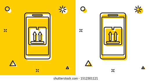 Black Mobile smart phone with app delivery tracking icon isolated on yellow and white background. Parcel tracking. Random dynamic shapes. Vector Illustration