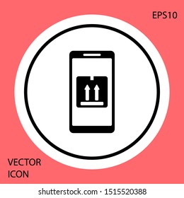 Black Mobile smart phone with app delivery tracking icon isolated on red background. Parcel tracking. White circle button. Vector Illustration