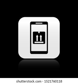 Black Mobile smart phone with app delivery tracking icon isolated on black background. Parcel tracking. Silver square button. Vector Illustration