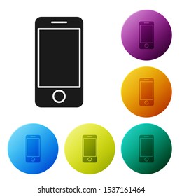 Black Mobile smart phone with app delivery tracking icon isolated on white background. Parcel tracking. Set icons colorful circle buttons. Vector Illustration