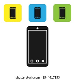 Black Mobile smart phone with app delivery tracking icon isolated on white background. Parcel tracking. Set of colorful square icon buttons. Vector Illustration