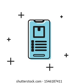 Black Mobile smart phone with app delivery tracking icon isolated on white background. Parcel tracking.  Vector Illustration
