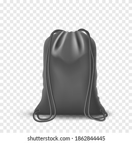 Black Mockup Backpack bag, drawstring isolated on white background. Blank template with bags, realistic vector mockup.