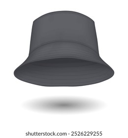 Black mockup bucket hat floating in air realistic vector illustration. Minimalist head sun protection cap 3d model on white background