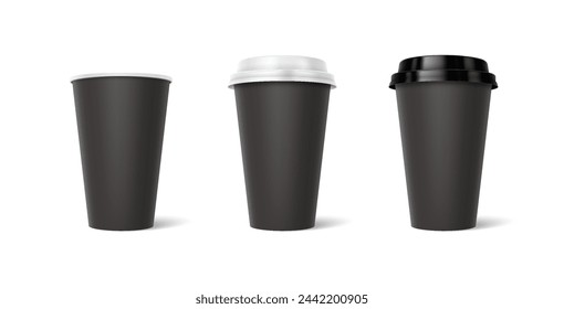 Black mockup cups 3d realistic vector illustration set. Hot drinks containers design template. Take away coffee on white background