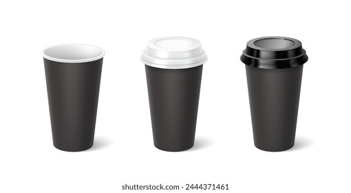 Black mockup cups 3d realistic vector illustration set. Hot drinks containers design template. Take away coffee on white background