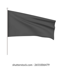 Montagem preta de uma bandeira vazia acenando em um poste, horizontal. Realismo 3D. Banner do anúncio. Modelo têxtil para promoção, apresentação, marca. Ilustração vetorial. Plano de fundo isolado.