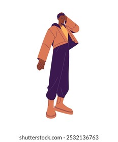 Black model in autumn outerwear posing. Stylish young man wearing trendy clothes. Person in fashion fall jacket, boots. Male street vogue. Flat isolated vector illustration on white background