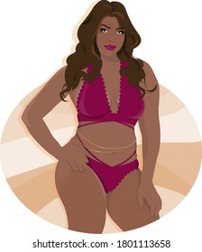 Black model flaunting her curves. Represents positive body image and glorifies the beauty of black women. Model is wearing a dark pink bra set and exudes confidence and charisma in her posture.