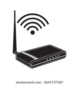 Black Modem with WiFi signal silhouette vector illustration on white background