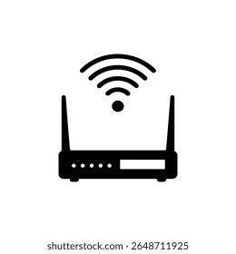 Modem noir avec silhouette de signal WiFi, illustration à plat d'Image vectorielle sur fond blanc.