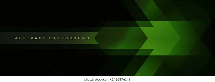 Black modern abstract wide banner with green arrow and geometric shapes. Black and green trendy abstract background. Vector illustration