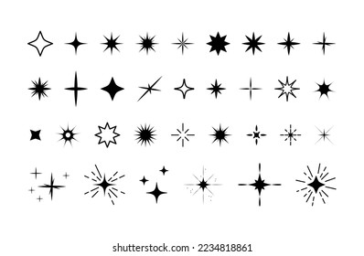 Black modern brutalism stars shapes. Minimalist geometric elements, abstract bauhaus forms. Simple star shape, basic form, trendy graphic element vector set