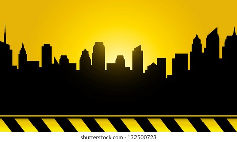 black modern city background, sunset and construction tape