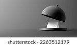 Black modern Cloche for restaurants 3d. Empty, open, for advertising dishes of restaurants and cafes. Banner for advertising on a dark background.