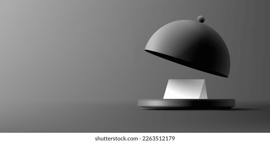 Black modern Cloche for restaurants 3d. Empty, open, for advertising dishes of restaurants and cafes. Banner for advertising on a dark background.