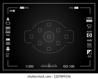 Black modern digital camera viewfinder template with vignetting effect. Black viewfinder mirrorless, DSLR or cameraphone camera recording. Vector illustration