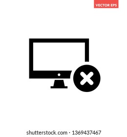 Black modern digital computer with rejection cross icon, simple tech flat design illustration infographic pictogram vector, app logo web button ui ux interface elements isolated on white background