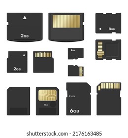 Las tarjetas de memoria digital modernas y negras establecen ilustraciones vectoriales realistas. Unidad flash electrónica micro SD para almacenamiento de contenido multimedia aislado en la parte frontal y posterior. Tecnología de lector compacto