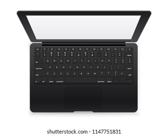 Black modern laptop vector mockup isolated on white background. Top view