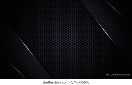 Black modern luxury abstract background with hexagon carbon fiber grid and light lines. Design luxury modern futuristic dark backdrop. Vector illustration EPS10.