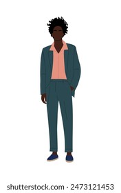 Black modern man standing and dressed in smart casual business attire, suit and shirt. Handsome african american guy with afro hair. Vector illustration isolated on white background.