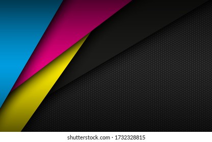 Black modern material background with hexagonal mesh pattern. Overlapped sheets of paper in cmyk colors. Template for your business. Vector abstract widescreen background