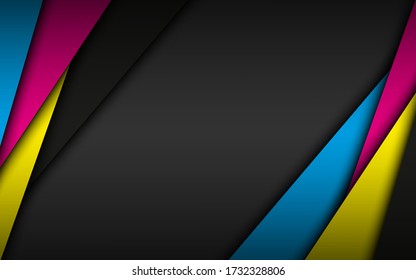 Black modern material background with overlapped layers in cmyk colors. Template for your business. Vector abstract widescreen background