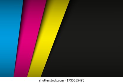 Black modern material background with overlapped layers in cmyk colors. Template for your business. Vector abstract widescreen background