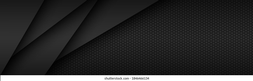 Black modern material design with hexagonal pattern, dark overlayed sheets of paper, corporate template for your business, vector abstract widescreen background