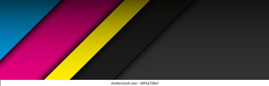 Black modern material header with overlapping layers in cmyk colors. Banner for your business. Vector abstract widescreen background