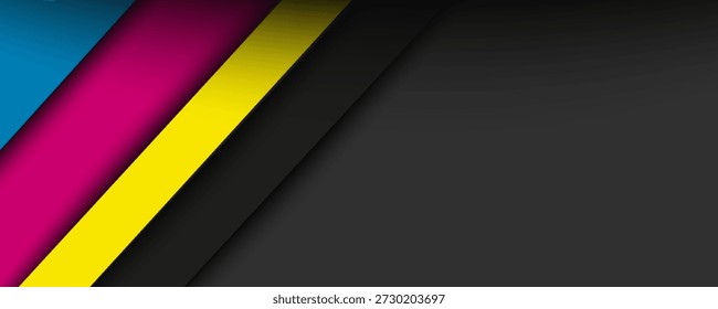 Cabecera de material moderno negro con capas superpuestas en colores elegantes. Anuncio para su negocio. Fondo de pantalla ancha abstracto de Vector