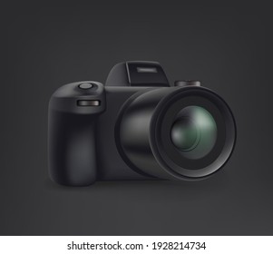 Schwarze, moderne, spiegellose Digitalkamera auf schwarzem Hintergrund