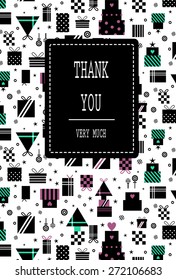 Black modern pattern of gifts with dots and stripes. Stars and candies scattered in intervals. Suitable for invitation, birthday, baby shower, valentine's day and mother's day. Thank you lettering 