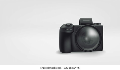 Black modern ptoto camera. 3d vector banner with copy space