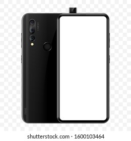Black modern realistic smartphone-front and back view on isolated background, phone with retractable camera and fingerprint, vector illustration