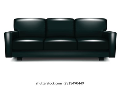 Black modern sectional sofa. Dark blue leather couch. Settee with cushions. Realistic vector illustration