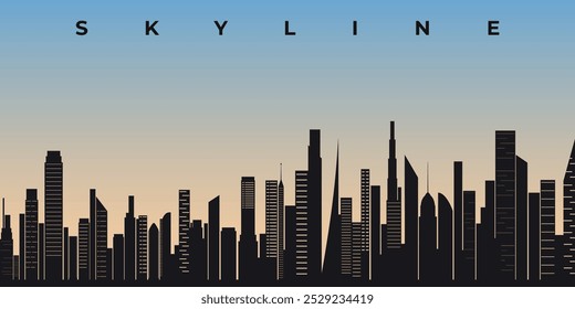 Silueta negra y moderna del horizonte de la ciudad con rascacielos en el cielo azul y la salida del sol. Gráficos de Vector