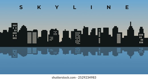 Silueta negra y moderna del horizonte de la ciudad con rascacielos y reflejos en el agua sobre el cielo azul y el fondo del amanecer. Gráficos de Vector