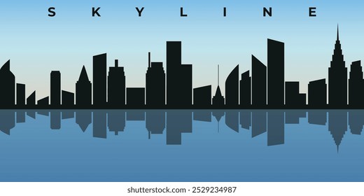 Silueta negra y moderna del horizonte de la ciudad con rascacielos y reflejos en el agua sobre el cielo azul y el fondo del amanecer. Gráficos de Vector