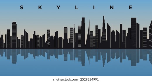 Silueta negra y moderna del horizonte de la ciudad con rascacielos y reflejos en el agua sobre el cielo azul y el fondo del amanecer. Gráficos de Vector