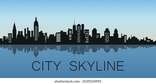 Black, modern silhouette of city skyline with skyscrapers and reflections in water on blue sky and sunrise background. Vector graphics