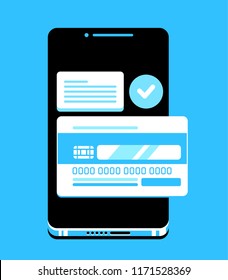 Black modern smartphone with interface on screen, check mark message and pay card. Blue, white and black colors