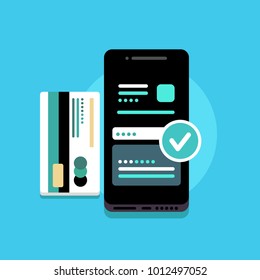 Black modern smartphone with pay card and approved symbol. Vector, isolated