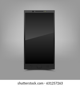 Black modern smartphone with shadow on gray background. Smart technology communication mobile phone. Screen off