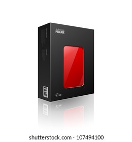 Black Modern Software Package Box With Red Window For DVD Or CD Disk EPS10