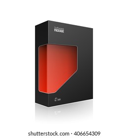 Black Modern Software Product Package Box With Red Window For DVD Or CD Disk. 3D Products On White Background Isolated. Ready For Your Design. Product Packing. Vector EPS10