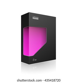 Black Modern Software Product Package Box With Violet Purple Magenta Window For DVD Or CD Disk. 3D Products On White Background Isolated. Ready For Your Design. Vector EPS10